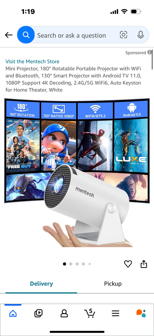 Mini Projector, 180° Rotatable Portable Projector with WiFi and Bluetooth, 130" Smart Projector with Android TV 11.0, 1080P Support 4K Decoding, 2.4G/5G WiFi6, Auto Keyston for Home Theater, White