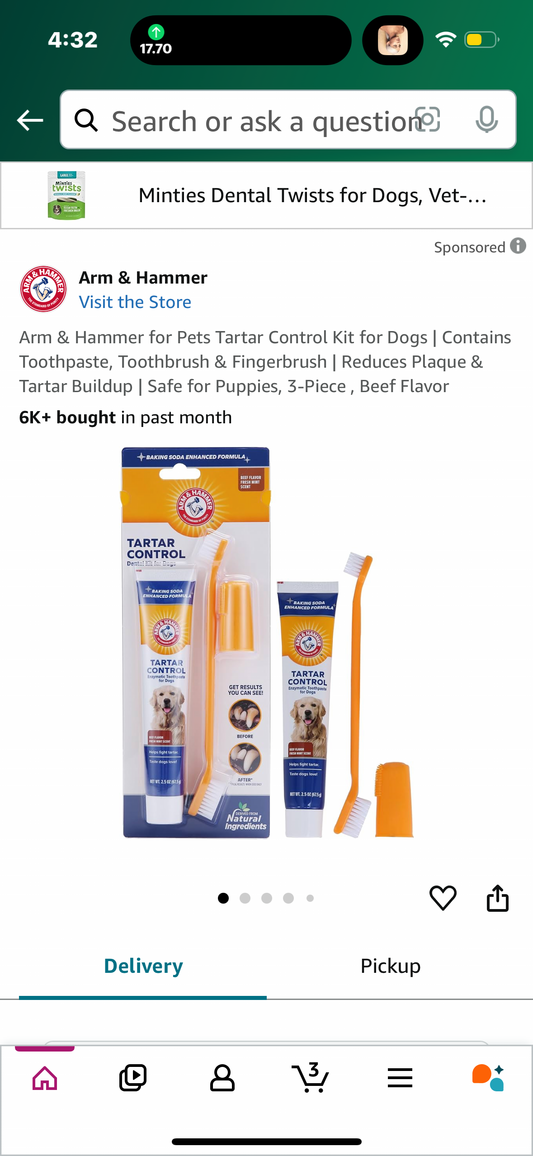 Arm & Hammer for Pets Tartar Control Kit for Dogs | Contains Toothpaste, Toothbrush & Fingerbrush | Reduces Plaque & Tartar Buildup | Safe for Puppies, 3-Piece , Beef Flavor