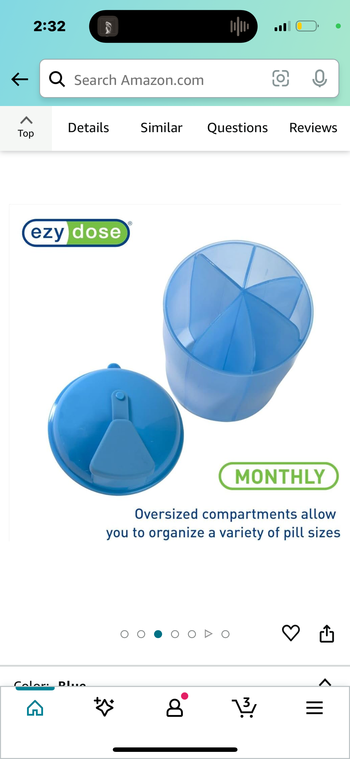 EZY DOSE Vitamin Organizer, 6 Large Compartments, 30-Day Vitamin and Medicine Storage, Blue (70076BL)