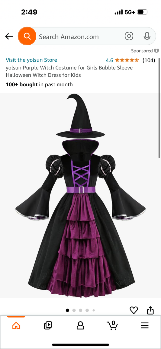 Purple Witch Costume for Girls Bubble Sleeve Halloween Witch Dress for Kids