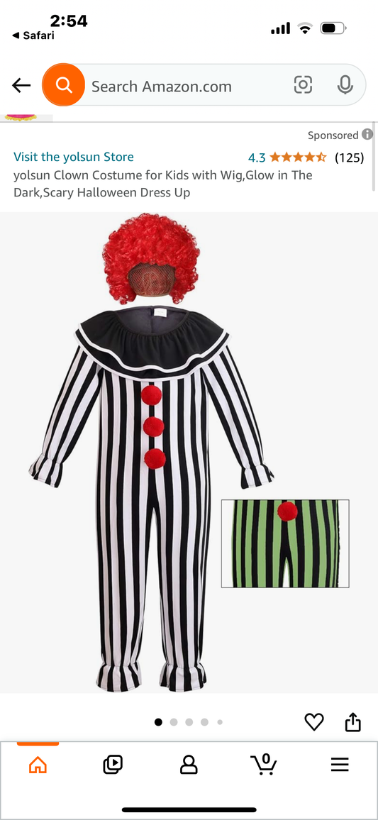 yolsun Clown Costume for Kids with Wig,Glow in The Dark,Scary Halloween Dress Up Size 4-6