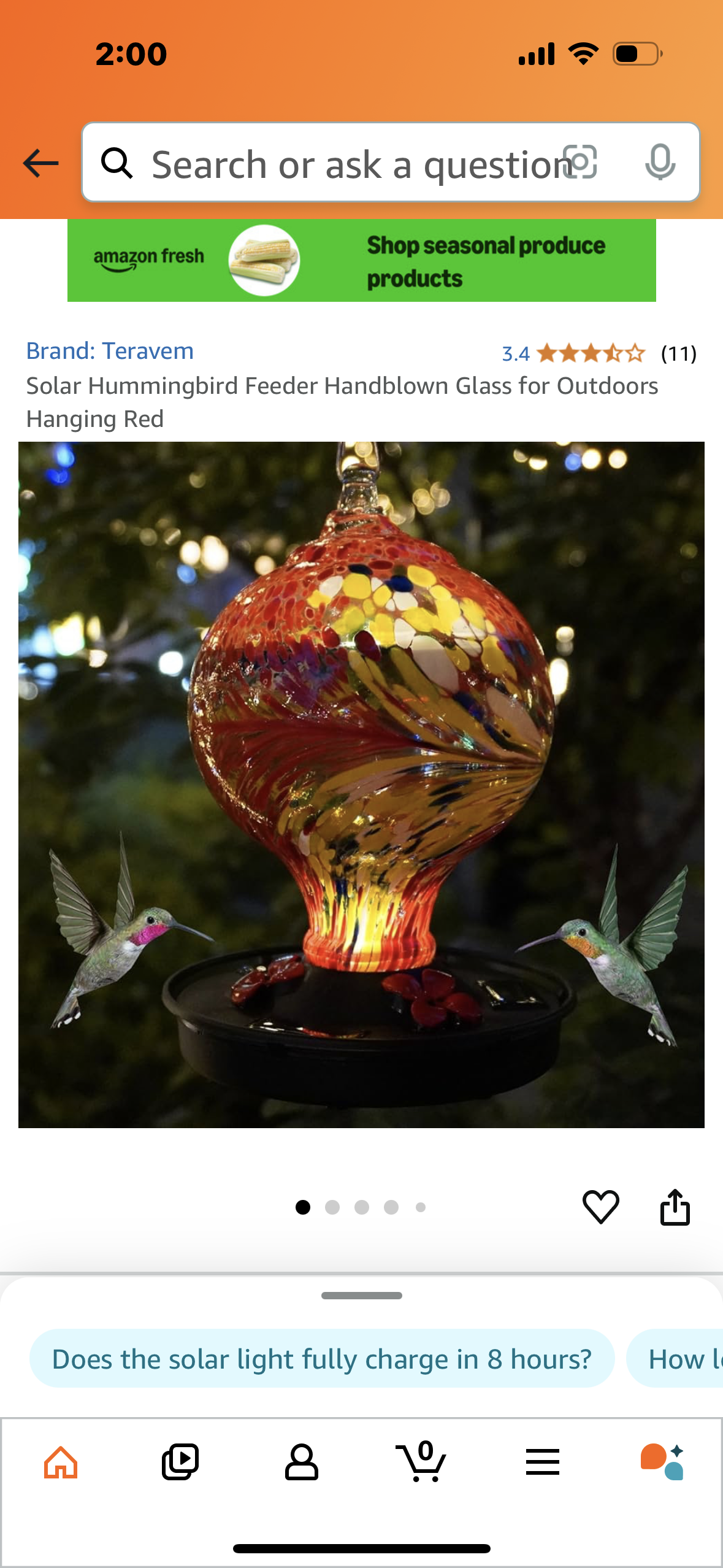 Solar Hummingbird Feeder Handblown Glass for Outdoors Hanging Red