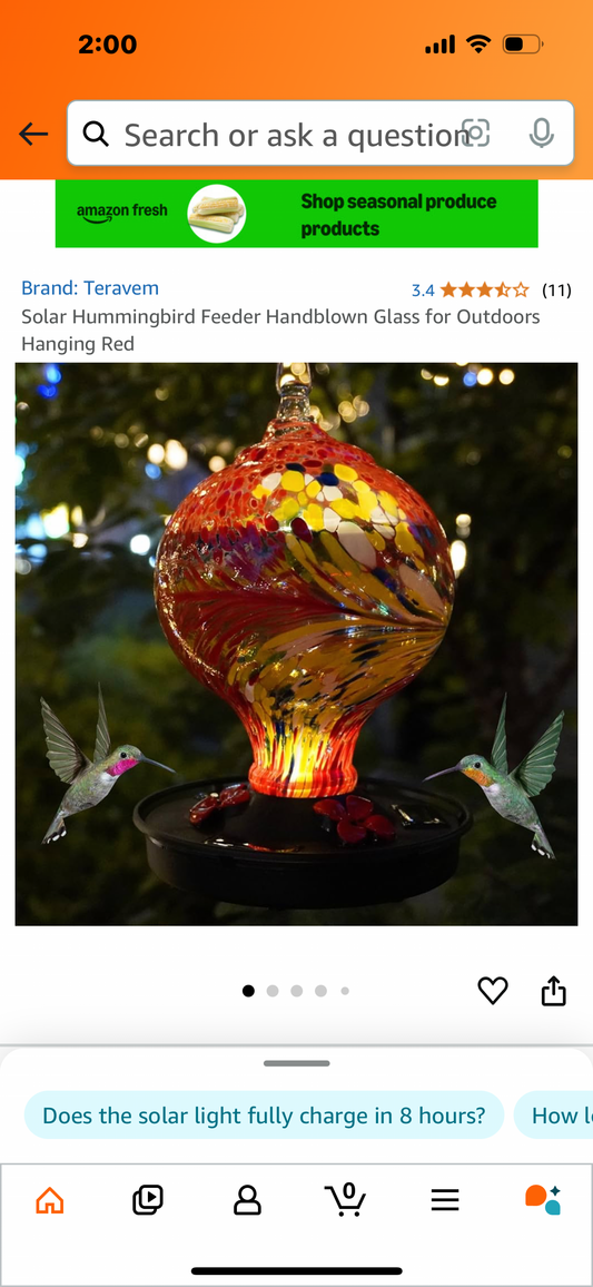 Solar Hummingbird Feeder Handblown Glass for Outdoors Hanging Red