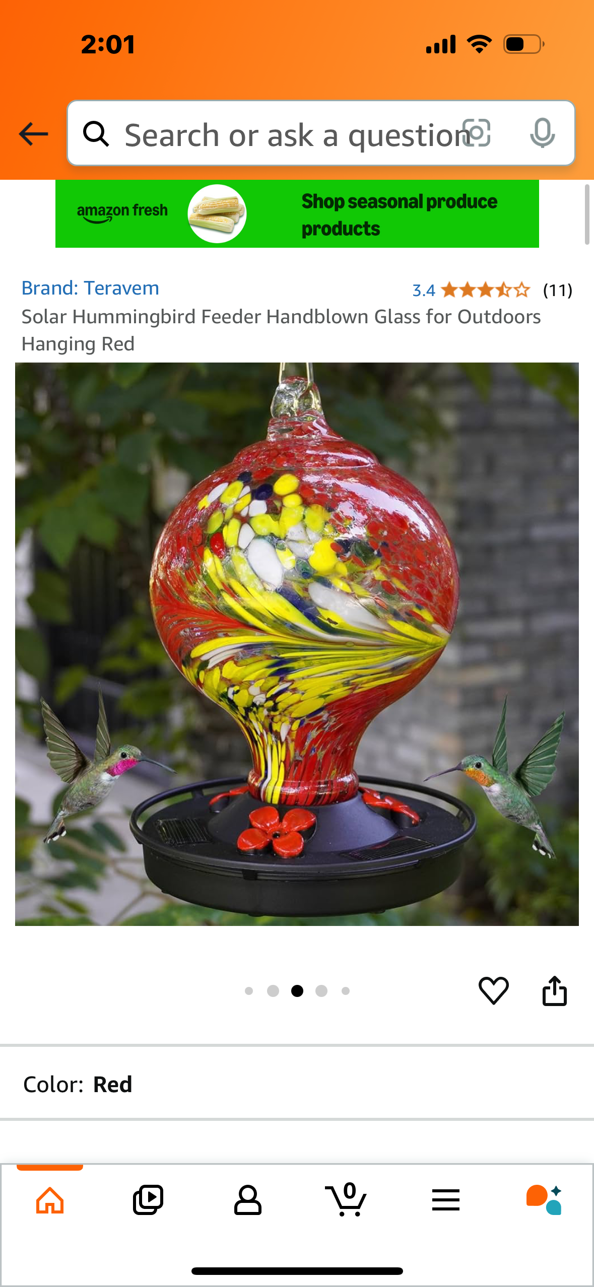 Solar Hummingbird Feeder Handblown Glass for Outdoors Hanging Red