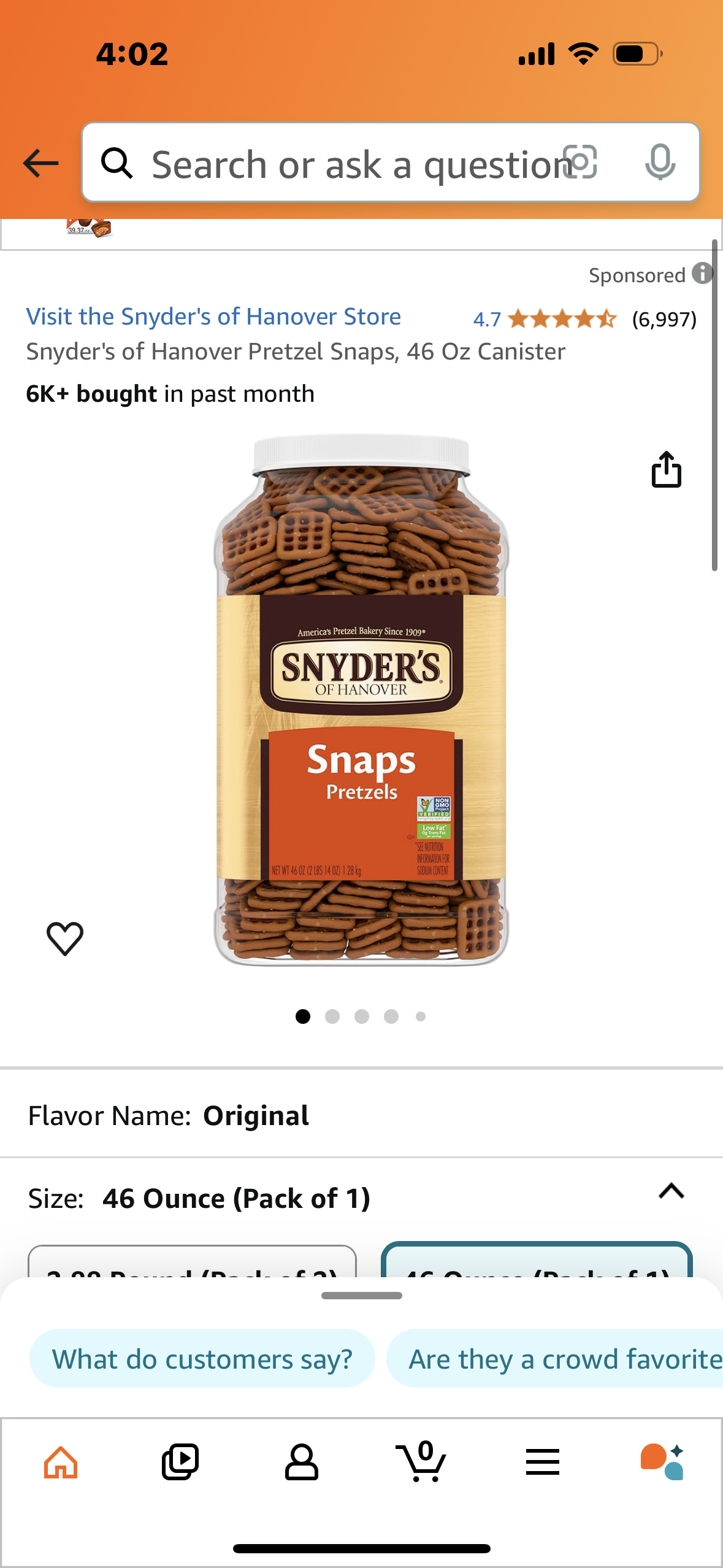 Snyder's of Hanover Pretzel Snaps, 46 Oz Canister