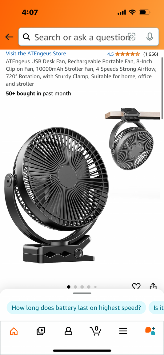 USB Desk Fan, Rechargeable Portable Fan, 8-Inch Clip on Fan, 10000mAh Stroller Fan, 4 Speeds Strong Airflow, 720° Rotation, with Sturdy Clamp, Suitable for home, office and stroller