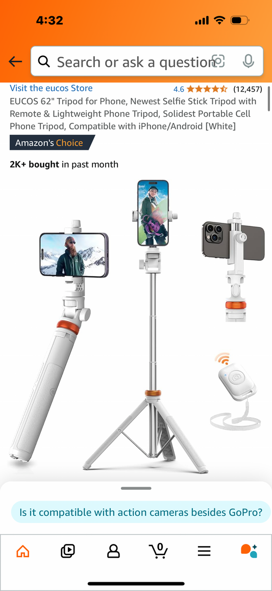 EUCOS 62" Tripod for Phone, Newest Selfie Stick Tripod with Remote & Lightweight Phone Tripod, Solidest Portable Cell Phone Tripod, Compatible with iPhone/Android [White