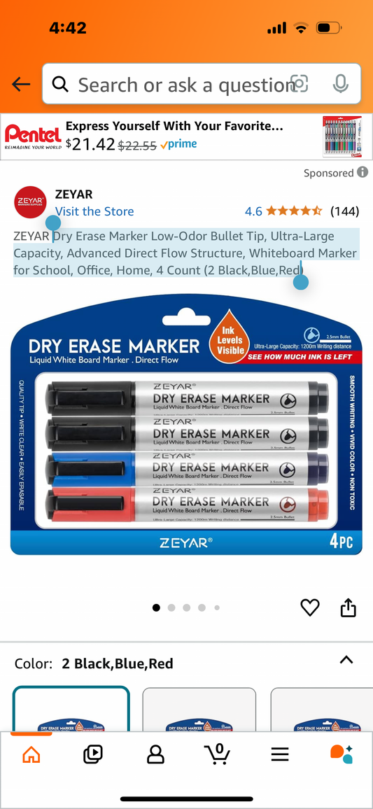 Dry Erase Marker Low-Odor Bullet Tip, Ultra-Large Capacity, Advanced Direct Flow Structure, Whiteboard Marker for School, Office, Home, 4 Count (2 Black,Blue,Red