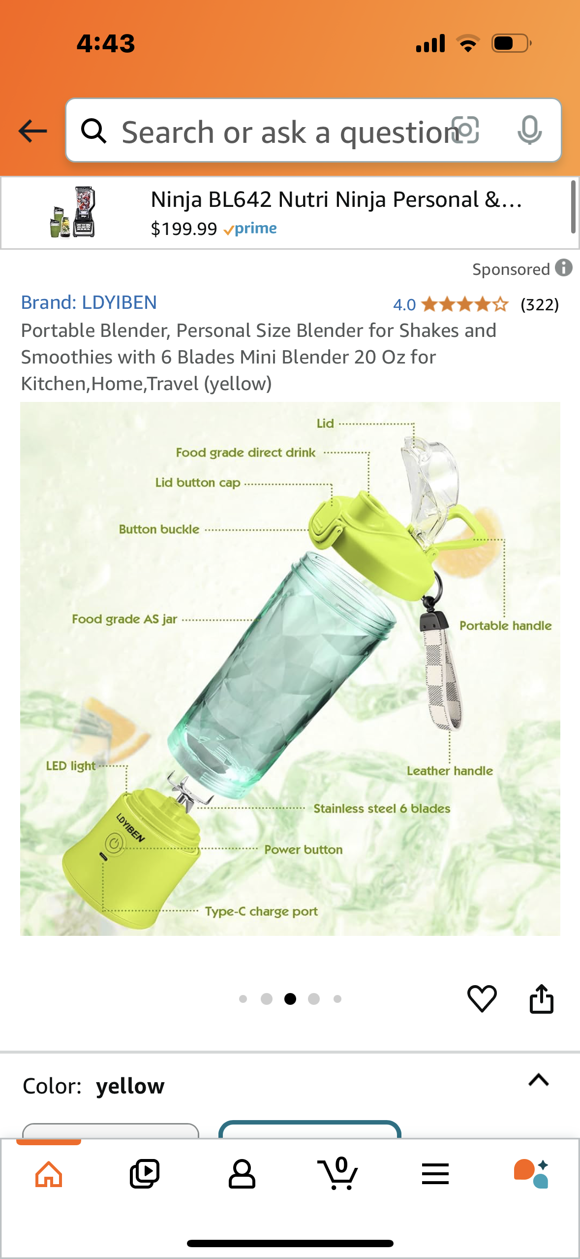 Portable Blender, Personal Size Blender for Shakes and Smoothies with 6 Blades Mini Blender 20 Oz for Kitchen,Home,Travel (yellow)