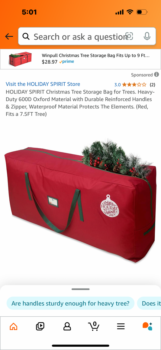 HOLIDAY SPIRIT Christmas Tree Storage Bag for Trees. Heavy-Duty 600D Oxford Material with Durable Reinforced Handles & Zipper, Waterproof Material Protects The Elements. (Red, Fits a 7.5FT Tree)