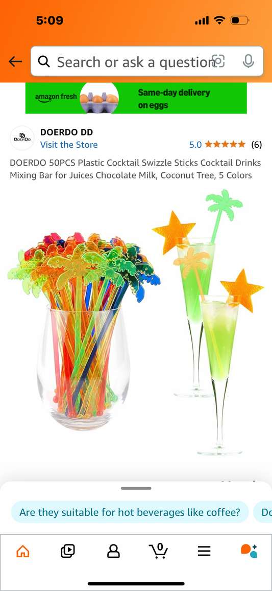 DOERDO 50PCS Plastic Cocktail Swizzle Sticks Cocktail Drinks Mixing Bar for Juices Chocolate Milk, Coconut Tree, 5 Colors