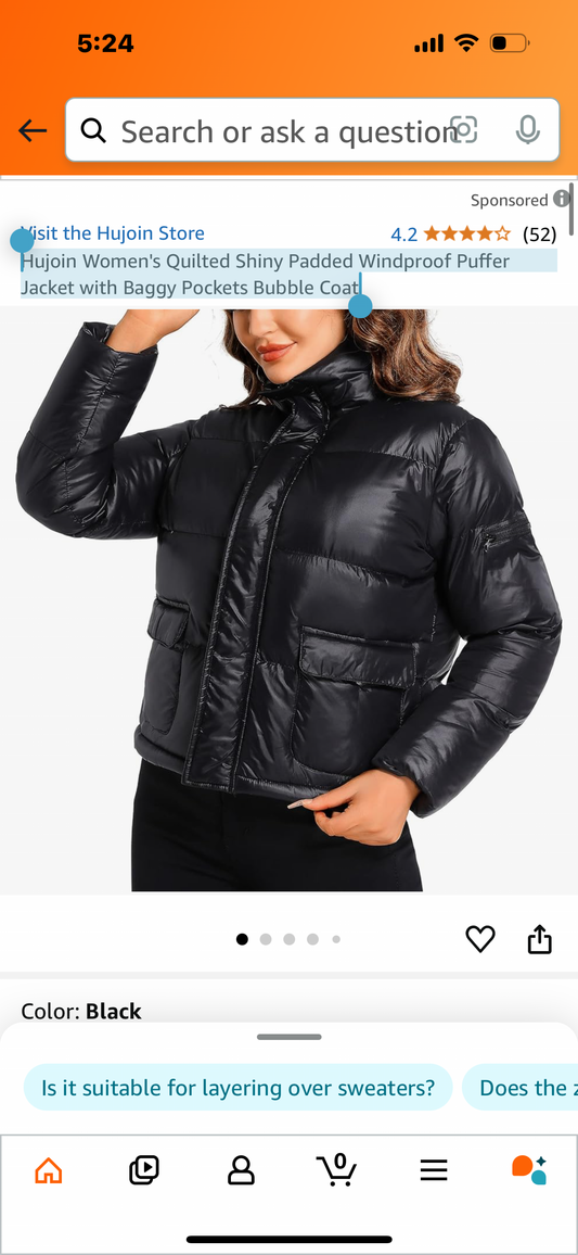 Hujoin Women's Quilted Shiny Padded Windproof Puffer Jacket with Baggy Pockets Bubble Coat