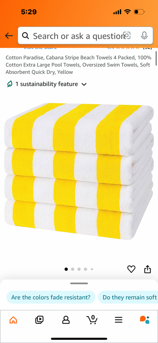 Cotton Paradise, Cabana Stripe Beach Towels 4 Packed, 100% Cotton Extra Large Pool Towels, Oversized Swim Towels, Soft Absorbent Quick Dry, Yellow