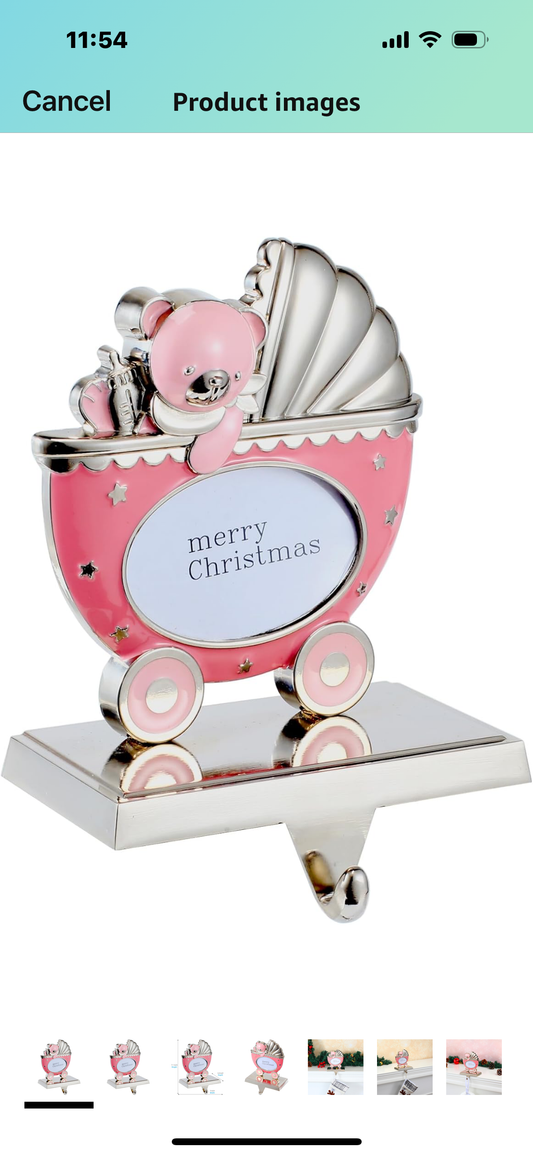 Baby's First Christmas Stocking Holder - Custom Pink Baby Christmas Ornament for Baby Girls - Keepsake for New Born Baby Shower-Free Customization-Metal Hanging Holder for Fireplace Shelf Xmas