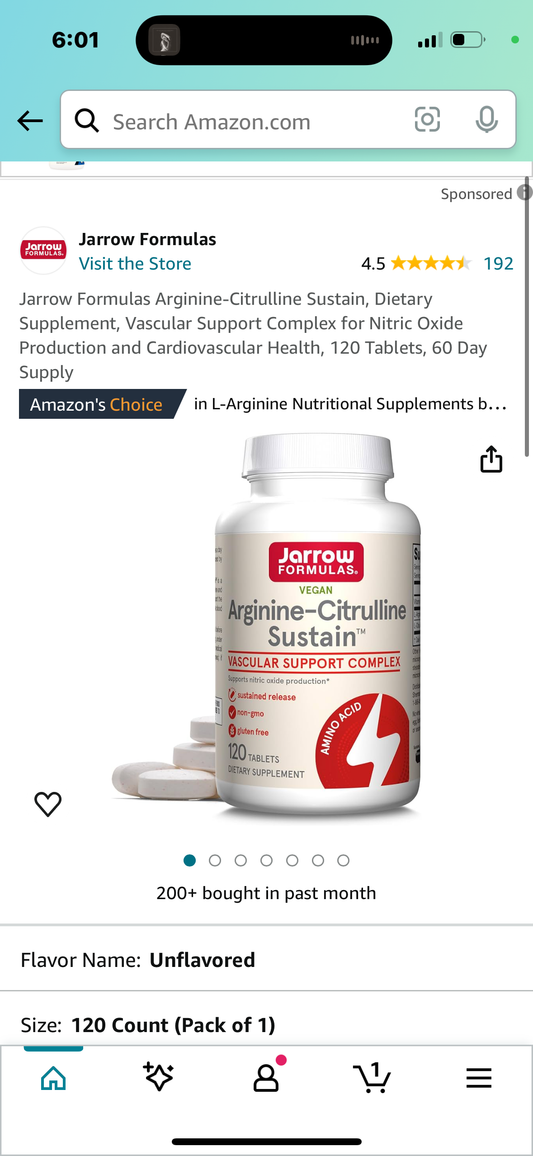 Jarrow Formulas Arginine-Citrulline Sustain, Dietary Supplement, Vascular Support Complex for Nitric Oxide Production and Cardiovascular Health, 120 Tablets, 60 Day Supply