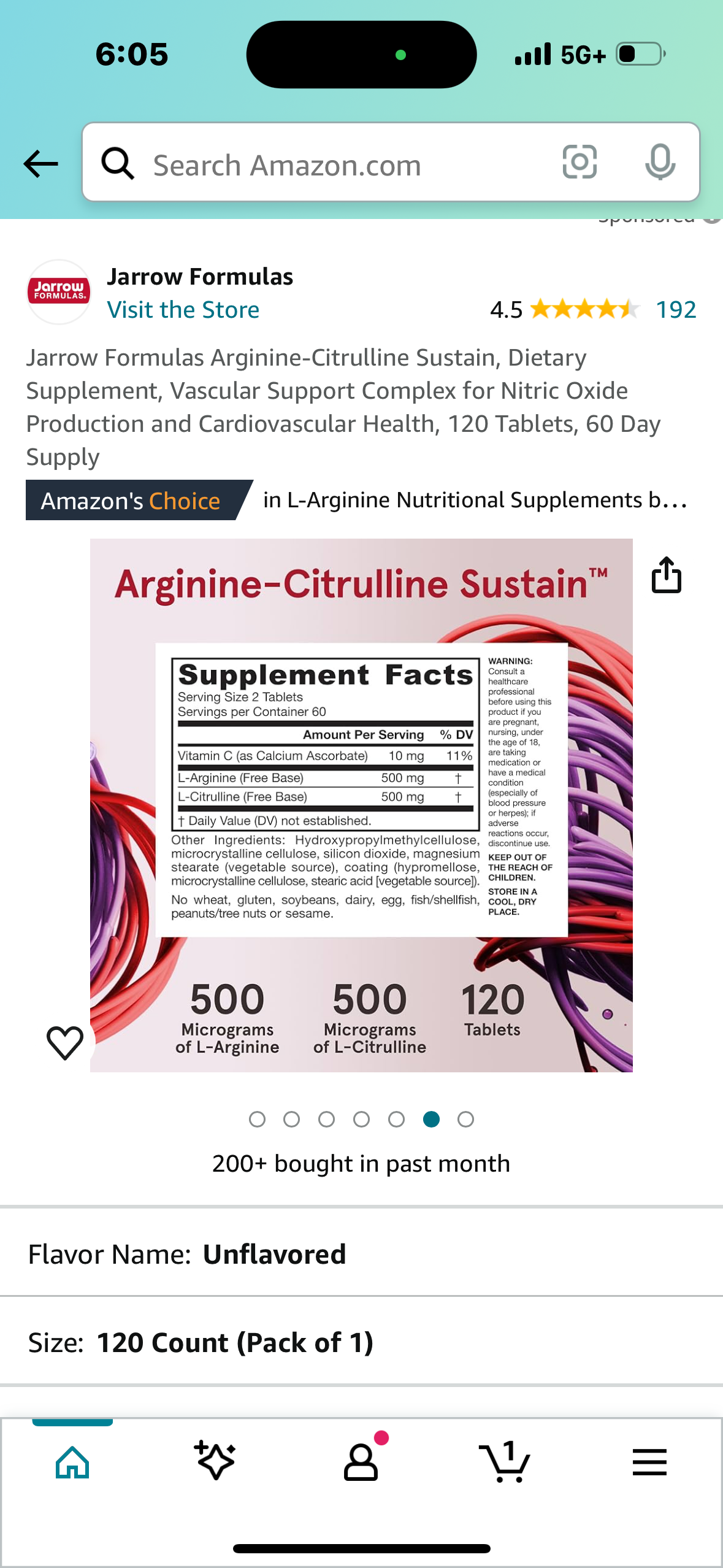 Jarrow Formulas Arginine-Citrulline Sustain, Dietary Supplement, Vascular Support Complex for Nitric Oxide Production and Cardiovascular Health, 120 Tablets, 60 Day Supply