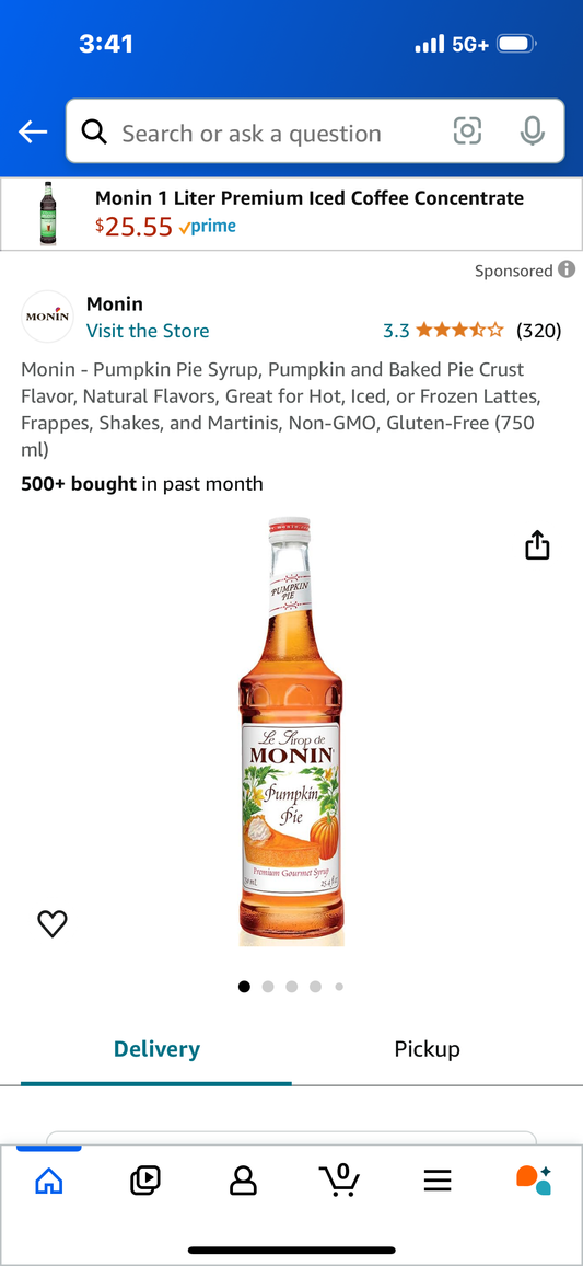 Monin - Pumpkin Pie Syrup, Pumpkin and Baked Pie Crust Flavor, Natural Flavors, Great for Hot, Iced, or Frozen Lattes, Frappes, Shakes, and Martinis, Non-GMO, Gluten-Free (750 ml)