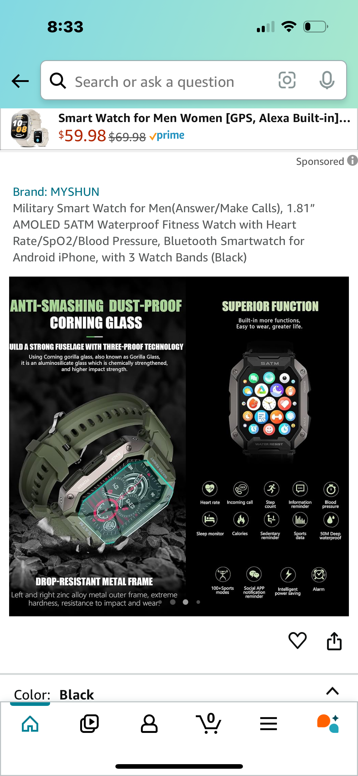 Military Smart Watch for Men(Answer/Make Calls), 1.81”AMOLED 5ATM Waterproof Fitness Watch with Heart Rate/SpO2/Blood Pressure, Bluetooth Smartwatch for Android iPhone, with 3 Watch Bands (Black