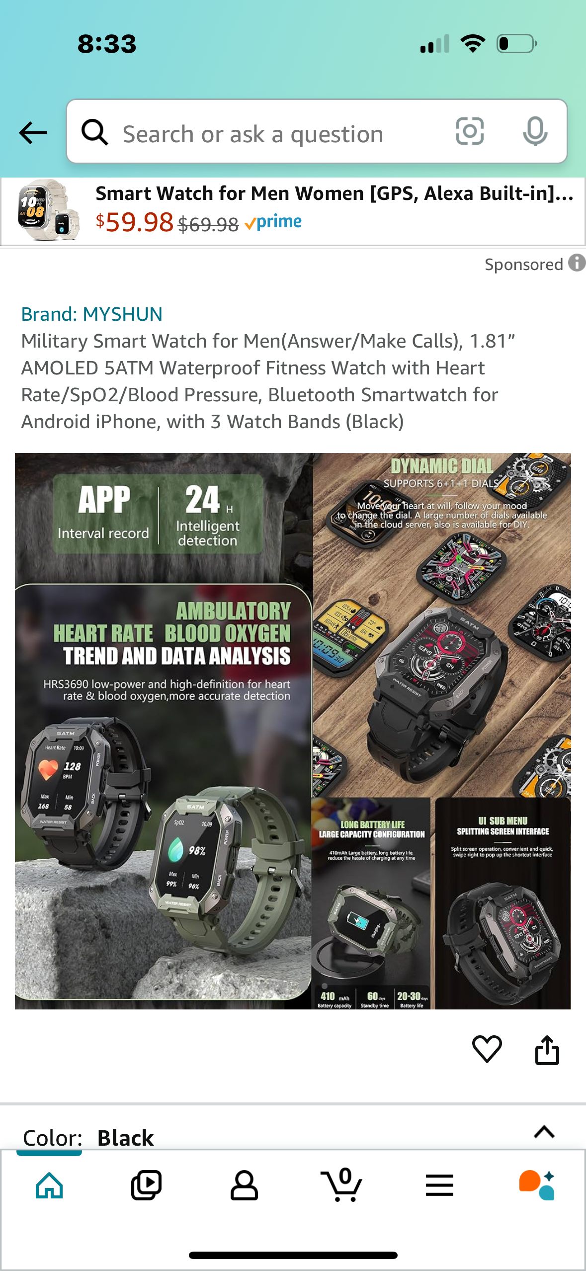 Military Smart Watch for Men(Answer/Make Calls), 1.81”AMOLED 5ATM Waterproof Fitness Watch with Heart Rate/SpO2/Blood Pressure, Bluetooth Smartwatch for Android iPhone, with 3 Watch Bands (Black