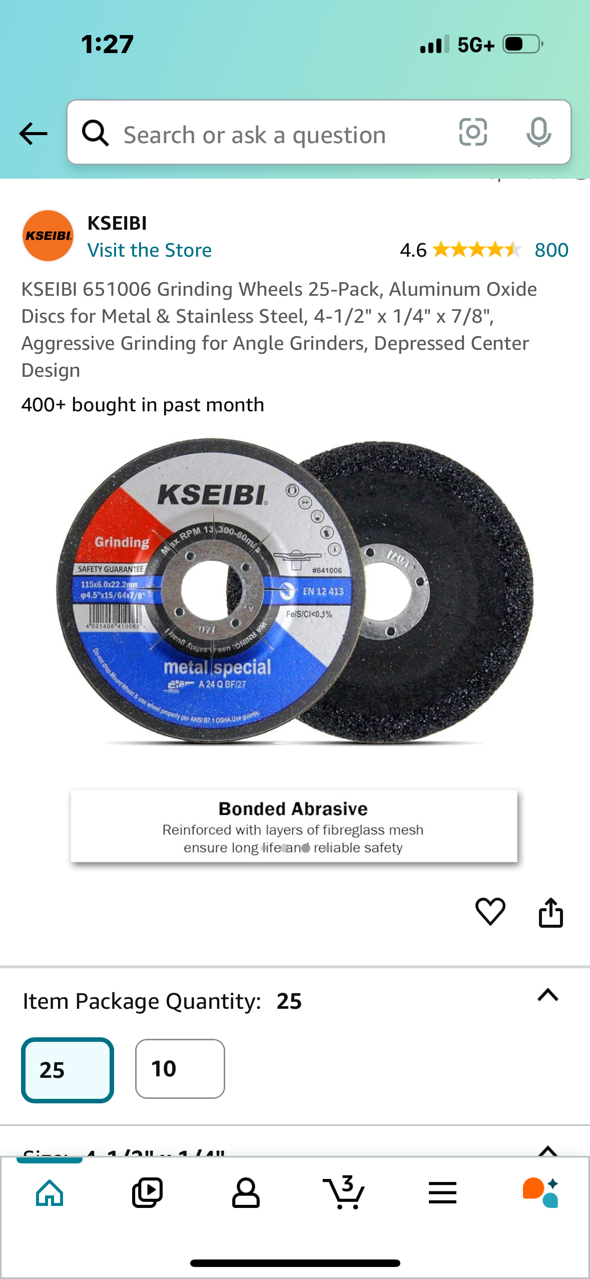 KSEIBI 651006 Grinding Wheels 25-Pack, Aluminum Oxide Discs for Metal & Stainless Steel, 4-1/2" x 1/4" x 7/8", Aggressive Grinding for Angle Grinders, Depressed Center Design