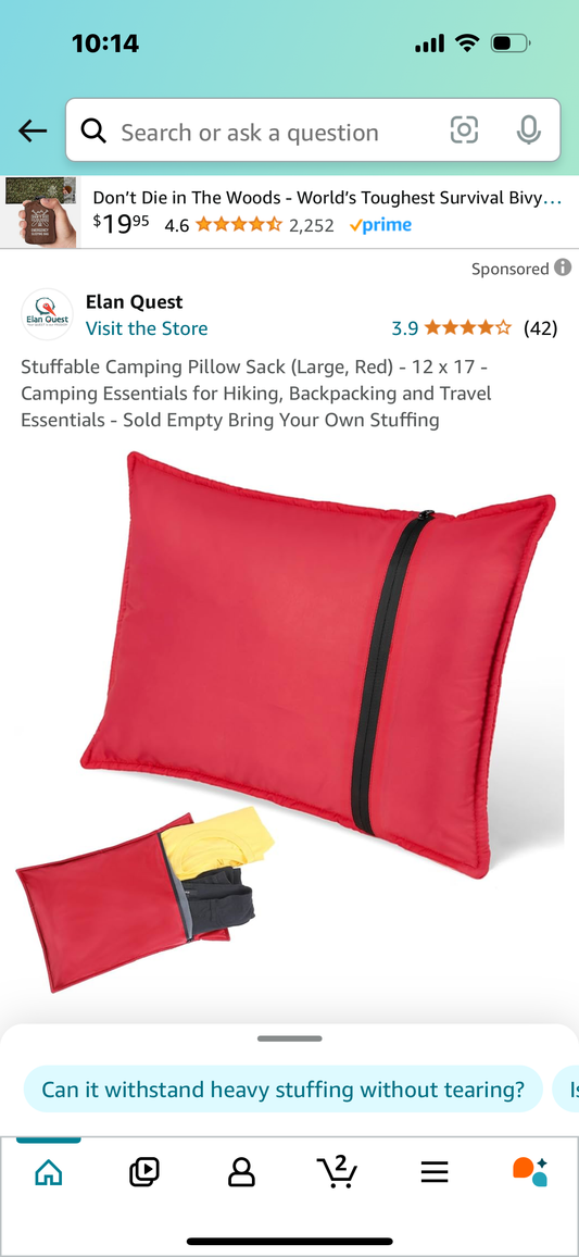 Stuffable Camping Pillow Sack (Large, Red) - 12 x 17 - Camping Essentials for Hiking, Backpacking and Travel Essentials - Sold Empty Bring Your Own Stuffing