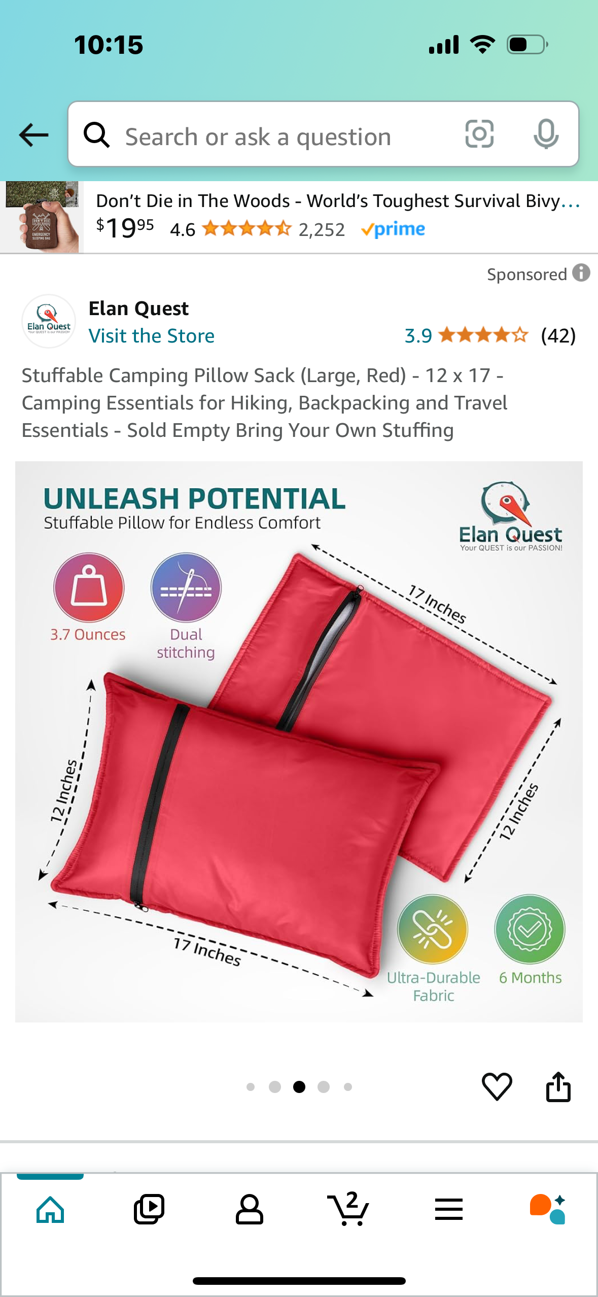 Stuffable Camping Pillow Sack (Large, Red) - 12 x 17 - Camping Essentials for Hiking, Backpacking and Travel Essentials - Sold Empty Bring Your Own Stuffing