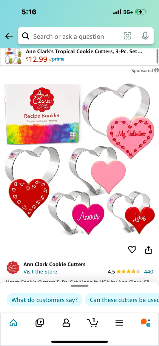 Heart Cookie Cutters 5-Pc. Set Made in USA by Ann Clark, 5", 4.25", 4", 3.5", 3"