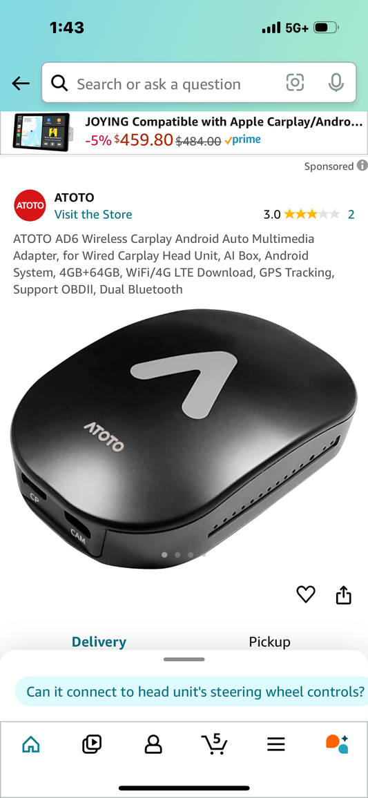 ATOTO AD6 Wireless Carplay Android Auto Multimedia Adapter, for Wired Carplay Head Unit, AI Box, Android System, 4GB+64GB, WiFi/4G LTE Download, GPS Tracking, Support OBDⅡ, Dual Bluetooth