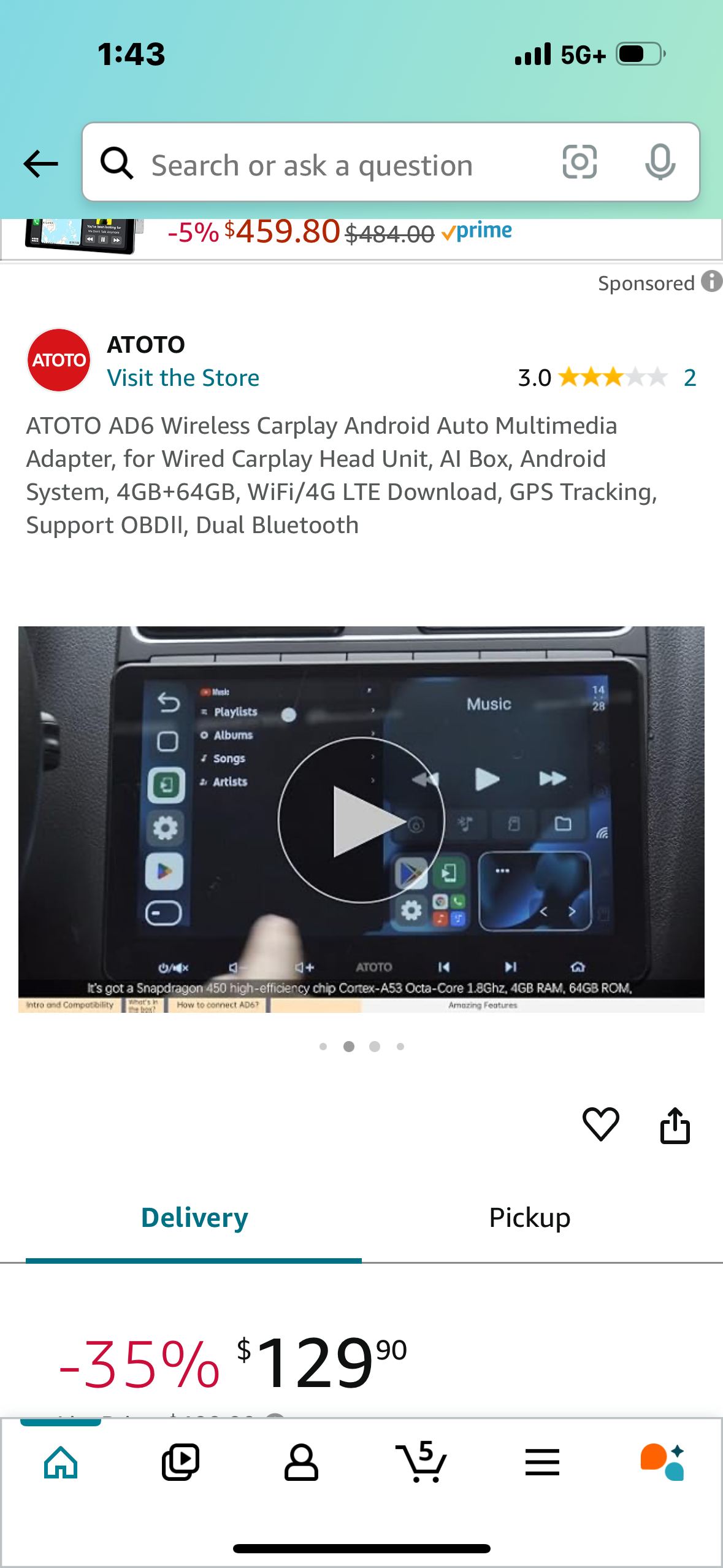 ATOTO AD6 Wireless Carplay Android Auto Multimedia Adapter, for Wired Carplay Head Unit, AI Box, Android System, 4GB+64GB, WiFi/4G LTE Download, GPS Tracking, Support OBDⅡ, Dual Bluetooth