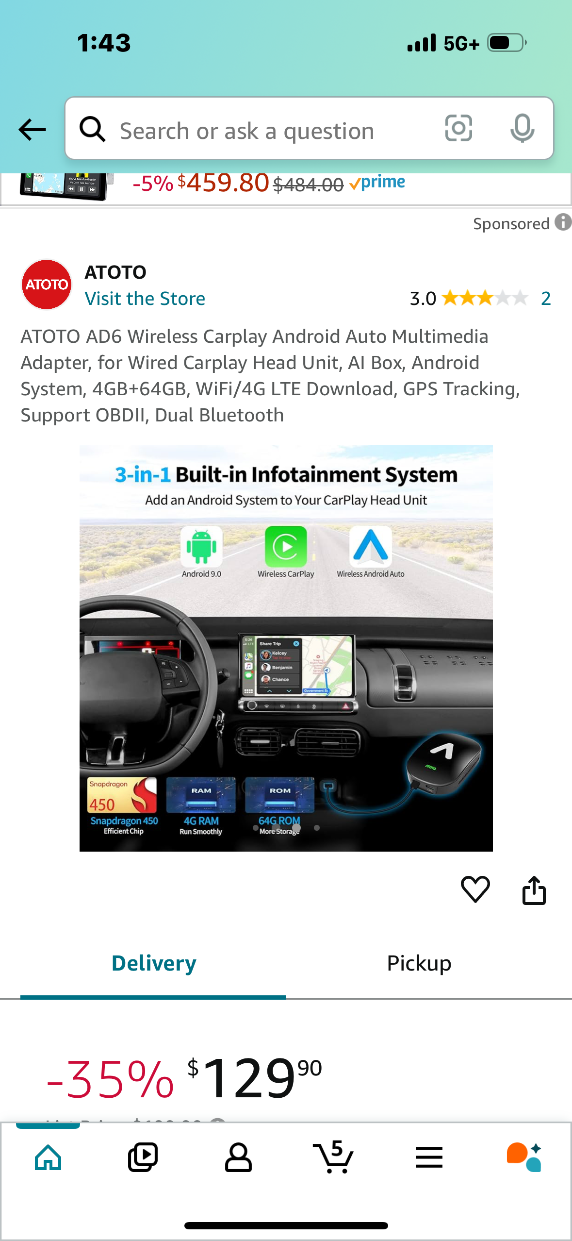 ATOTO AD6 Wireless Carplay Android Auto Multimedia Adapter, for Wired Carplay Head Unit, AI Box, Android System, 4GB+64GB, WiFi/4G LTE Download, GPS Tracking, Support OBDⅡ, Dual Bluetooth