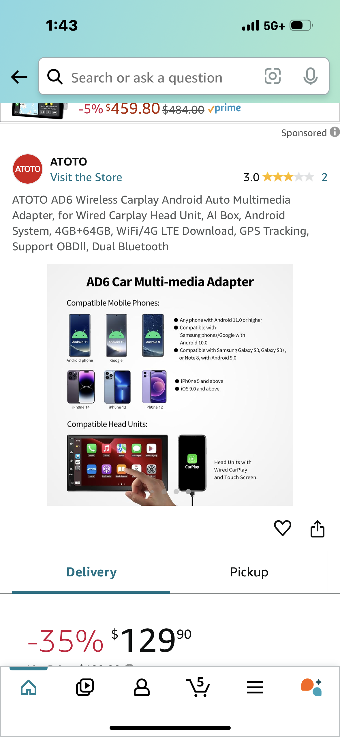 ATOTO AD6 Wireless Carplay Android Auto Multimedia Adapter, for Wired Carplay Head Unit, AI Box, Android System, 4GB+64GB, WiFi/4G LTE Download, GPS Tracking, Support OBDⅡ, Dual Bluetooth