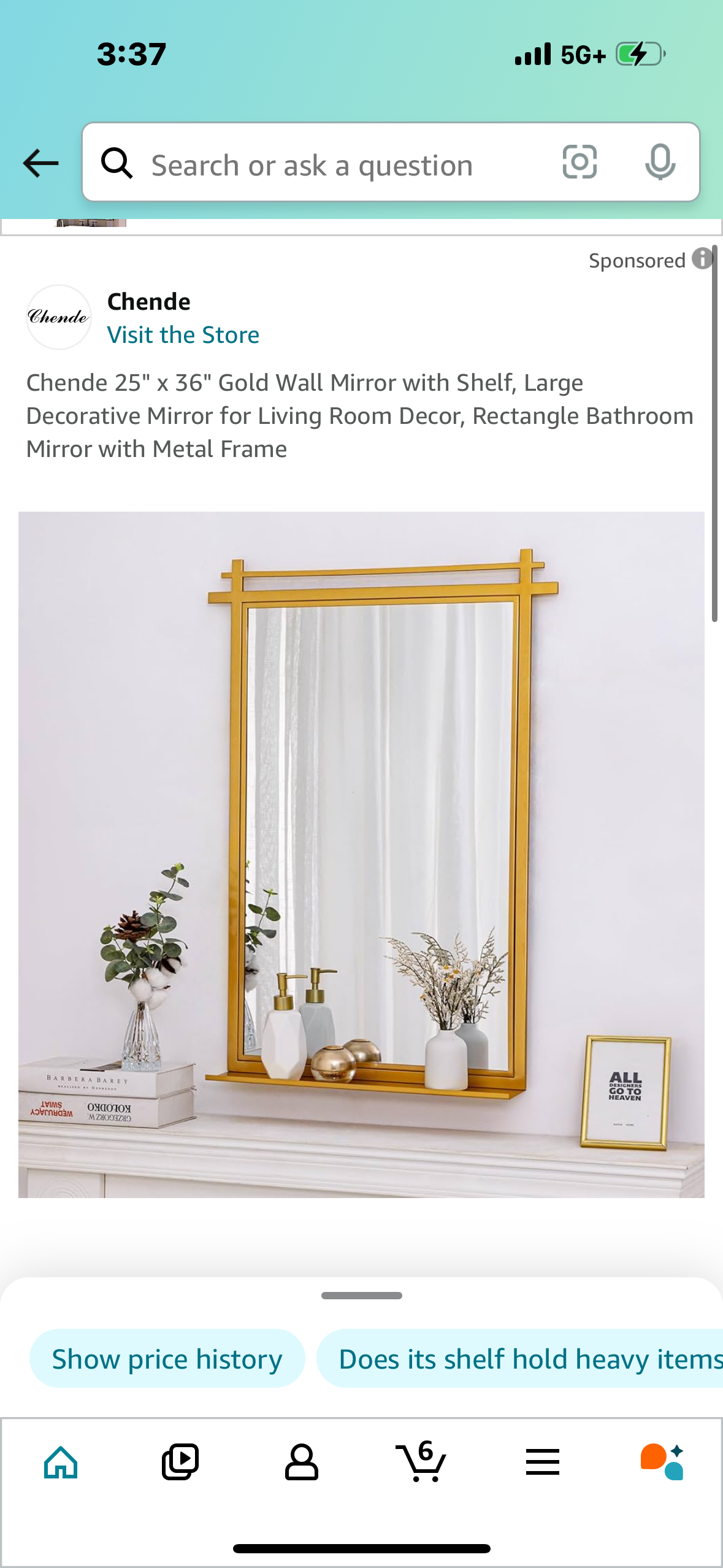 Chende 25" x 36" Gold Wall Mirror with Shelf, Large Decorative Mirror for Living Room Decor, Rectangle Bathroom Mirror with Metal Frame