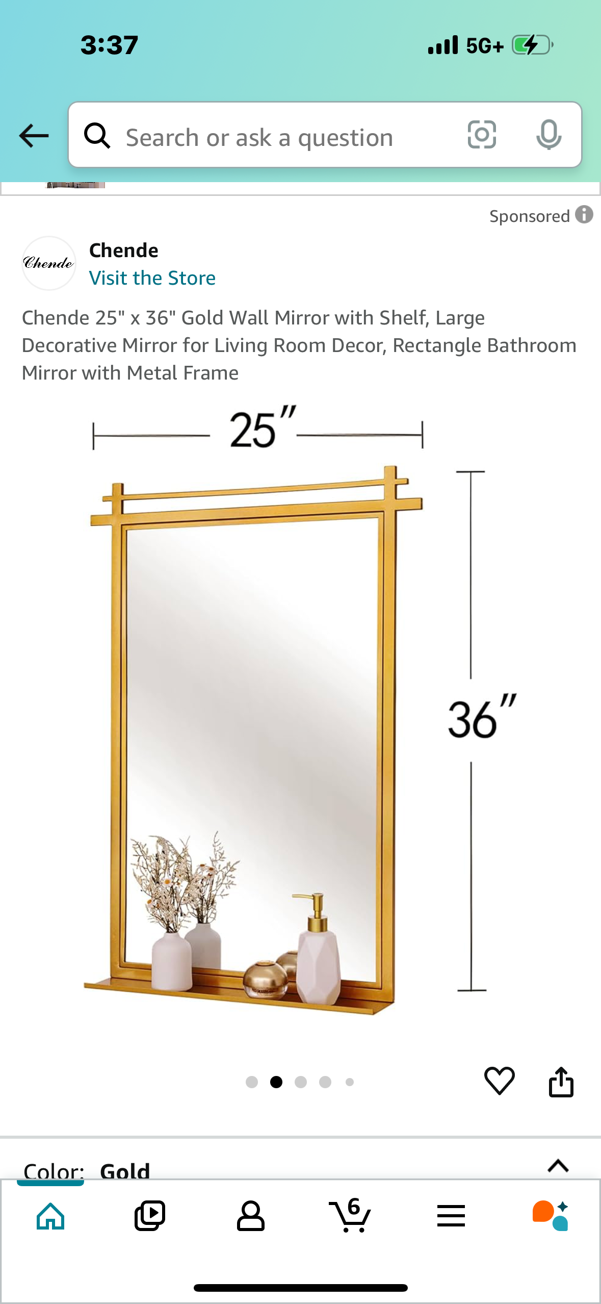 Chende 25" x 36" Gold Wall Mirror with Shelf, Large Decorative Mirror for Living Room Decor, Rectangle Bathroom Mirror with Metal Frame