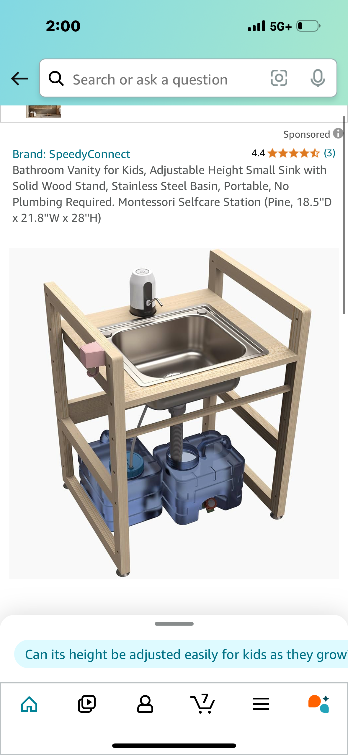 Bathroom Vanity for Kids, Adjustable Height Small Sink with Solid Wood Stand, Stainless Steel Basin, Portable, No Plumbing Required. Montessori Selfcare Station (Pine, 18.5''D x 21.8''W x 28''H