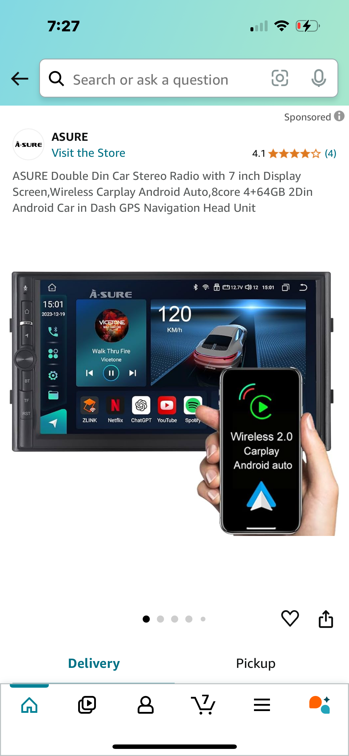 ASURE Double Din Car Stereo Radio with 7 inch Display Screen,Wireless Carplay Android Auto,8core 4+64GB 2Din Android Car in Dash GPS Navigation Head Unit