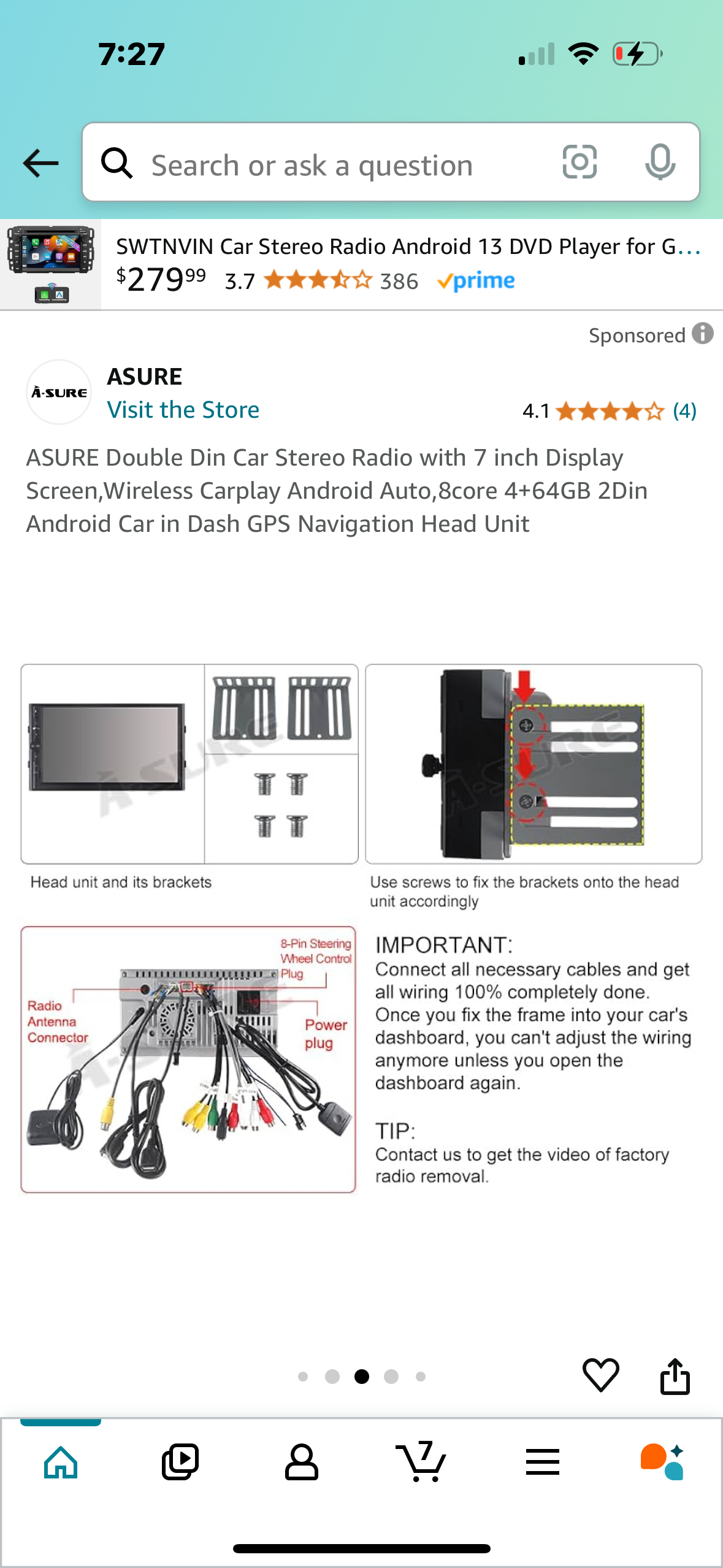 ASURE Double Din Car Stereo Radio with 7 inch Display Screen,Wireless Carplay Android Auto,8core 4+64GB 2Din Android Car in Dash GPS Navigation Head Unit