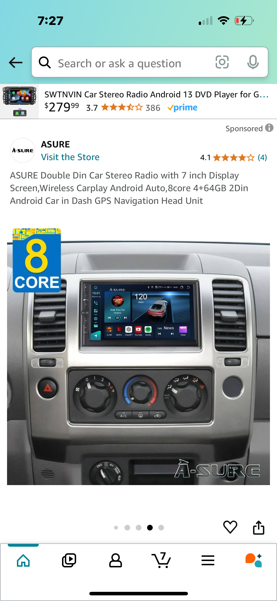 ASURE Double Din Car Stereo Radio with 7 inch Display Screen,Wireless Carplay Android Auto,8core 4+64GB 2Din Android Car in Dash GPS Navigation Head Unit