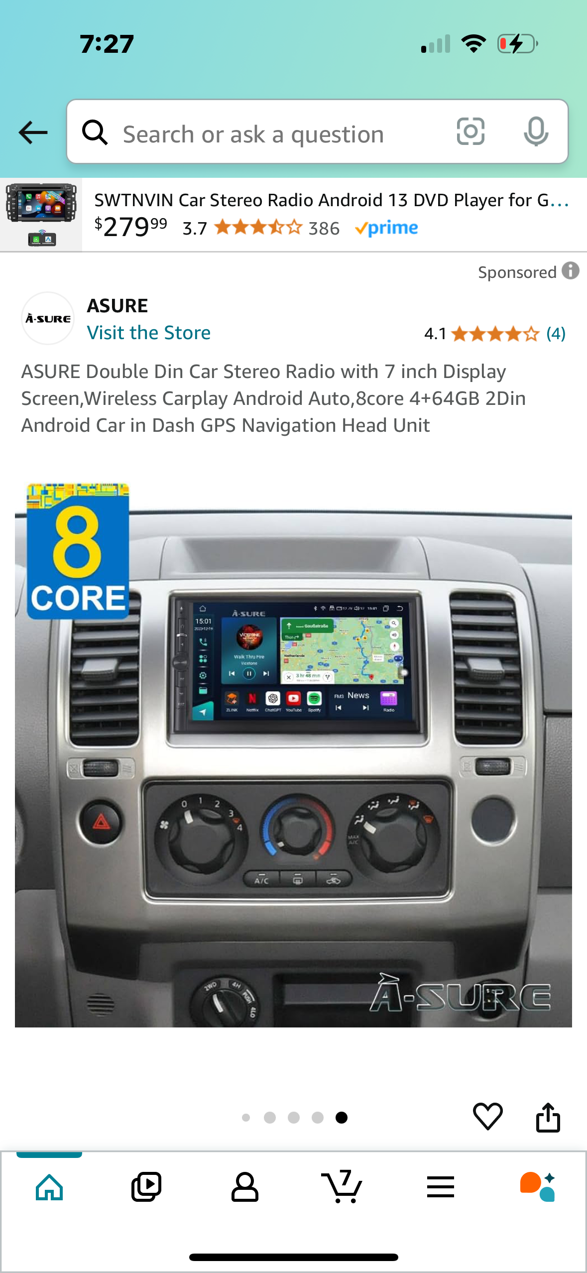 ASURE Double Din Car Stereo Radio with 7 inch Display Screen,Wireless Carplay Android Auto,8core 4+64GB 2Din Android Car in Dash GPS Navigation Head Unit