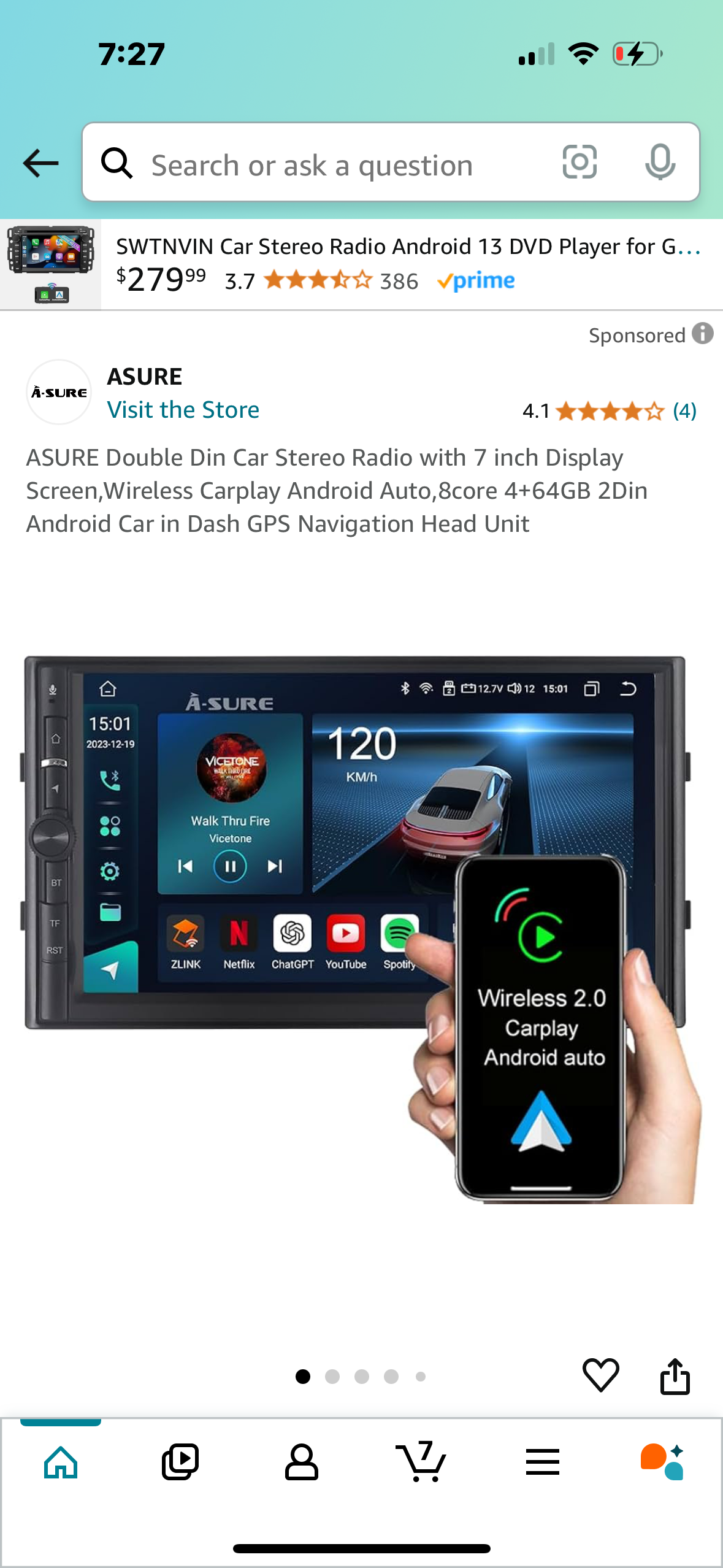 ASURE Double Din Car Stereo Radio with 7 inch Display Screen,Wireless Carplay Android Auto,8core 4+64GB 2Din Android Car in Dash GPS Navigation Head Unit