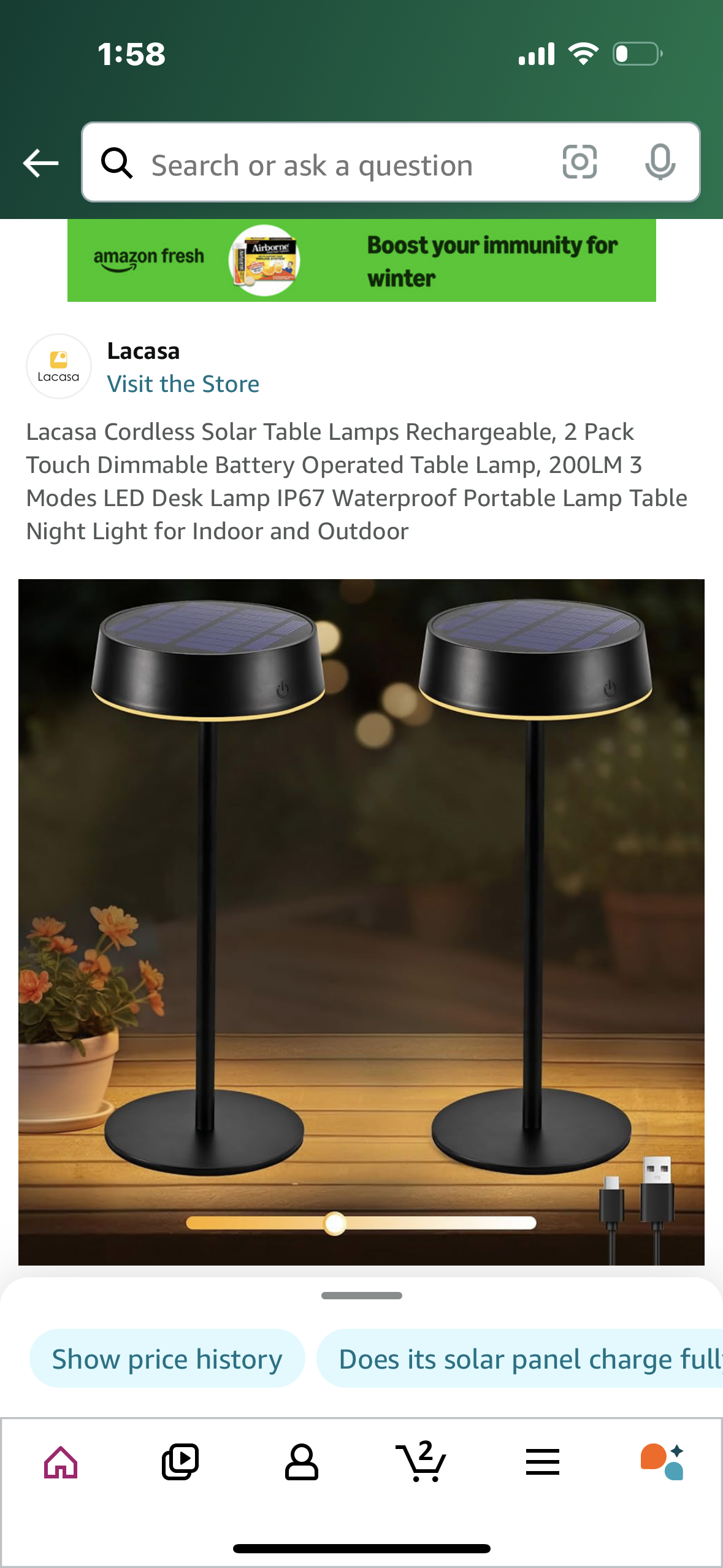 Lacasa Cordless Solar Table Lamps Rechargeable, 2 Pack Touch Dimmable Battery Operated Table Lamp, 200LM 3 Modes LED Desk Lamp IP67 Waterproof Portable Lamp Table Night Light for Indoor and Outdoor