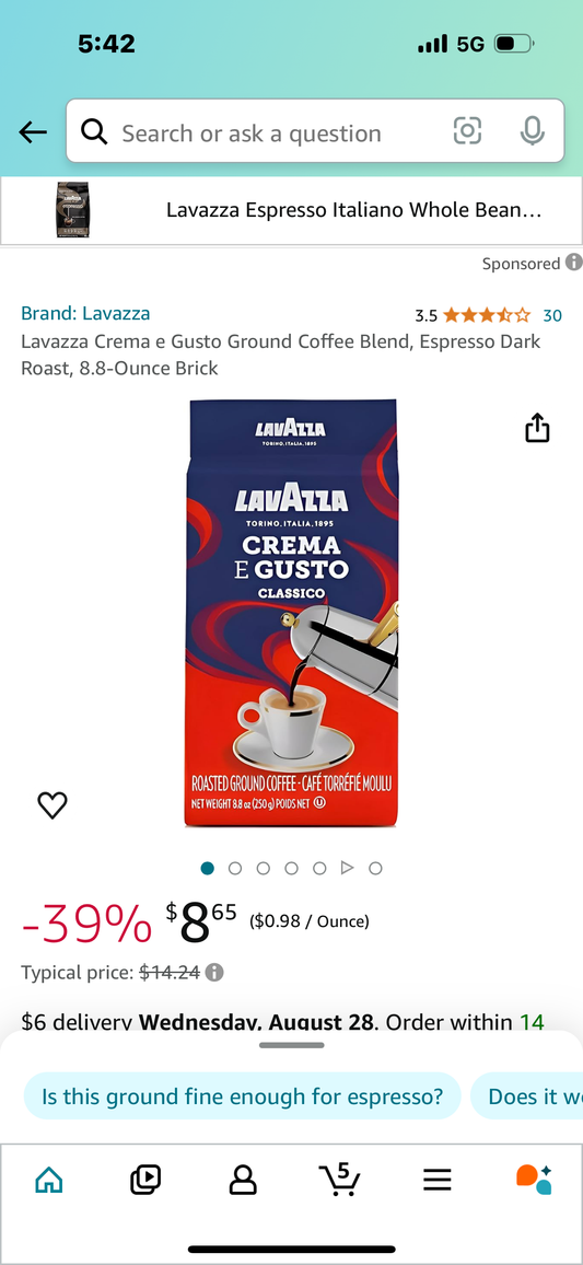 Lavazza Crema e Gusto Ground Coffee Blend, Espresso Dark Roast, 8.8-Ounce Brick