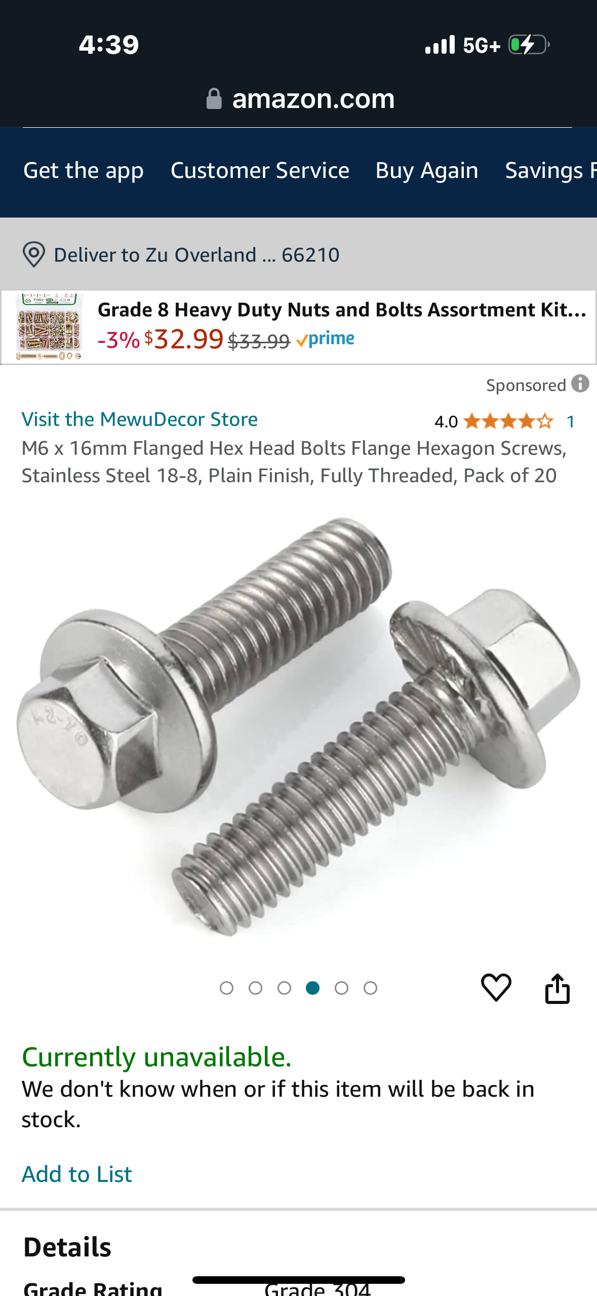 M6 x 16mm Flanged Hex Head Bolts Flange Hexagon Screws, Stainless Steel 18-8, Plain Finish, Fully Threaded