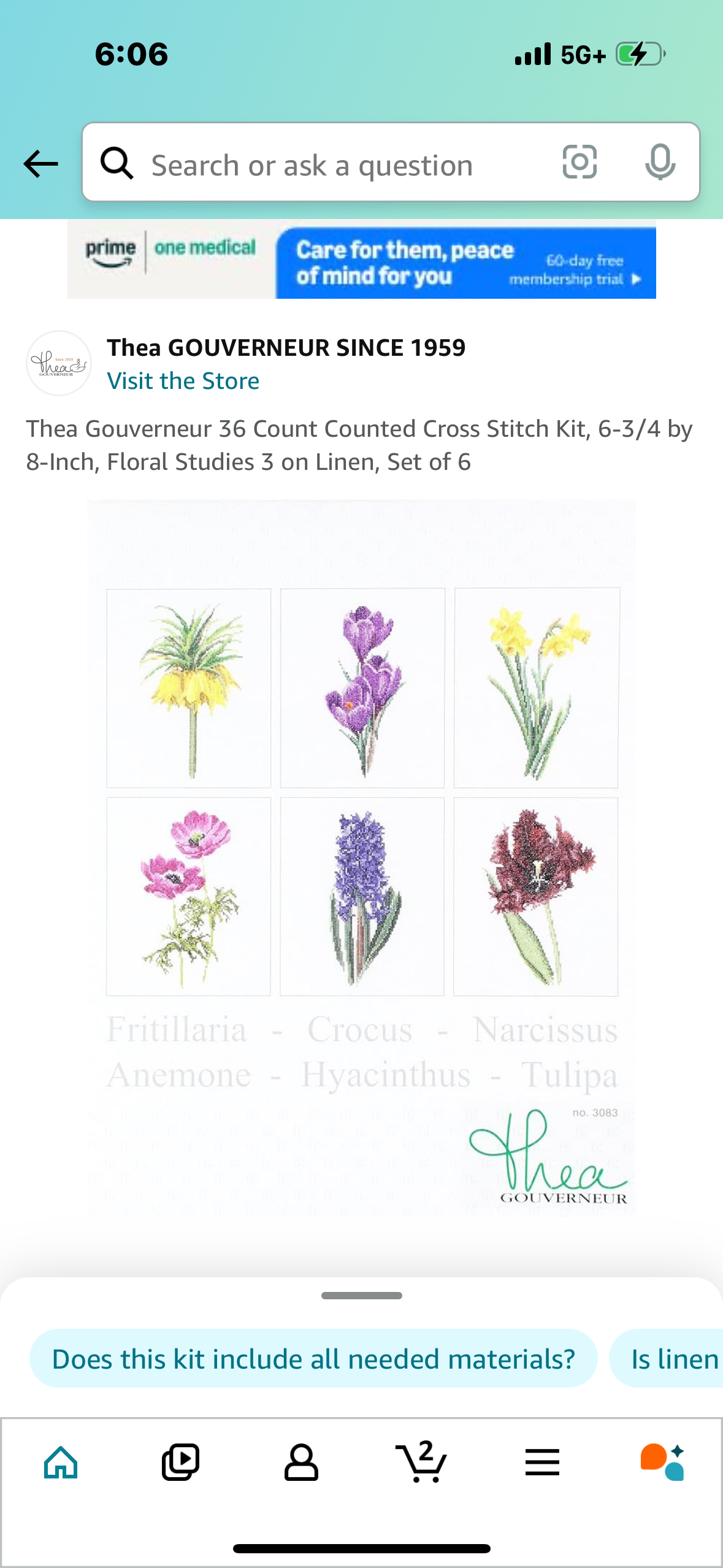 Thea Gouverneur 36 Count Counted Cross Stitch Kit, 6-3/4 by 8-Inch, Floral Studies 3 on Linen, Set of 6