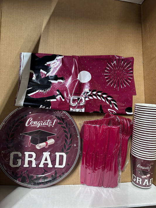 Burgundy Congrats Grad Graduation Party Supplies Table Covering, Plates, Cutlery and Cup, to serve 24