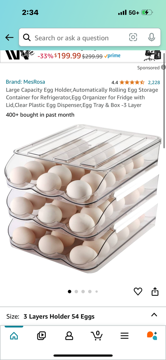 Large Capacity Egg Holder,Automatically Rolling Egg Storage Container for Refrigerator,Egg Organizer for Fridge with Lid,Clear Plastic Egg Dispenser,Egg Tray & Box -3 Layer