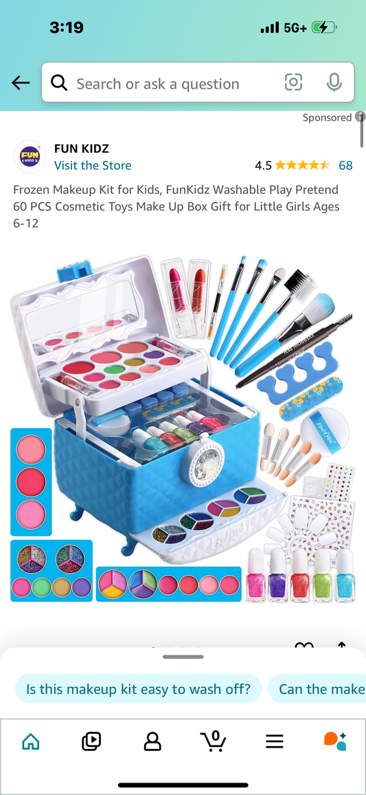 Makeup Kit for Kids, FunKidz Washable Play Pretend 60 PCS Cosmetic Toys Make Up Box Gift for Little Girls Ages 6-12