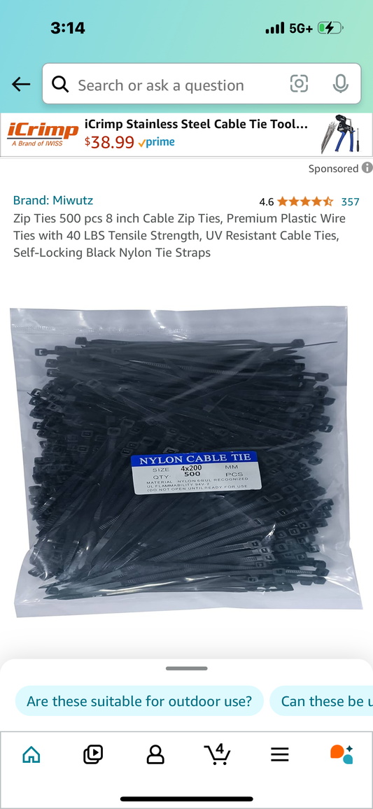 Zip Ties 500 pcs 8 inch Cable Zip Ties, Premium Plastic Wire Ties with 40 LBS Tensile Strength, UV Resistant Cable Ties, Self-Locking Black Nylon Tie Straps