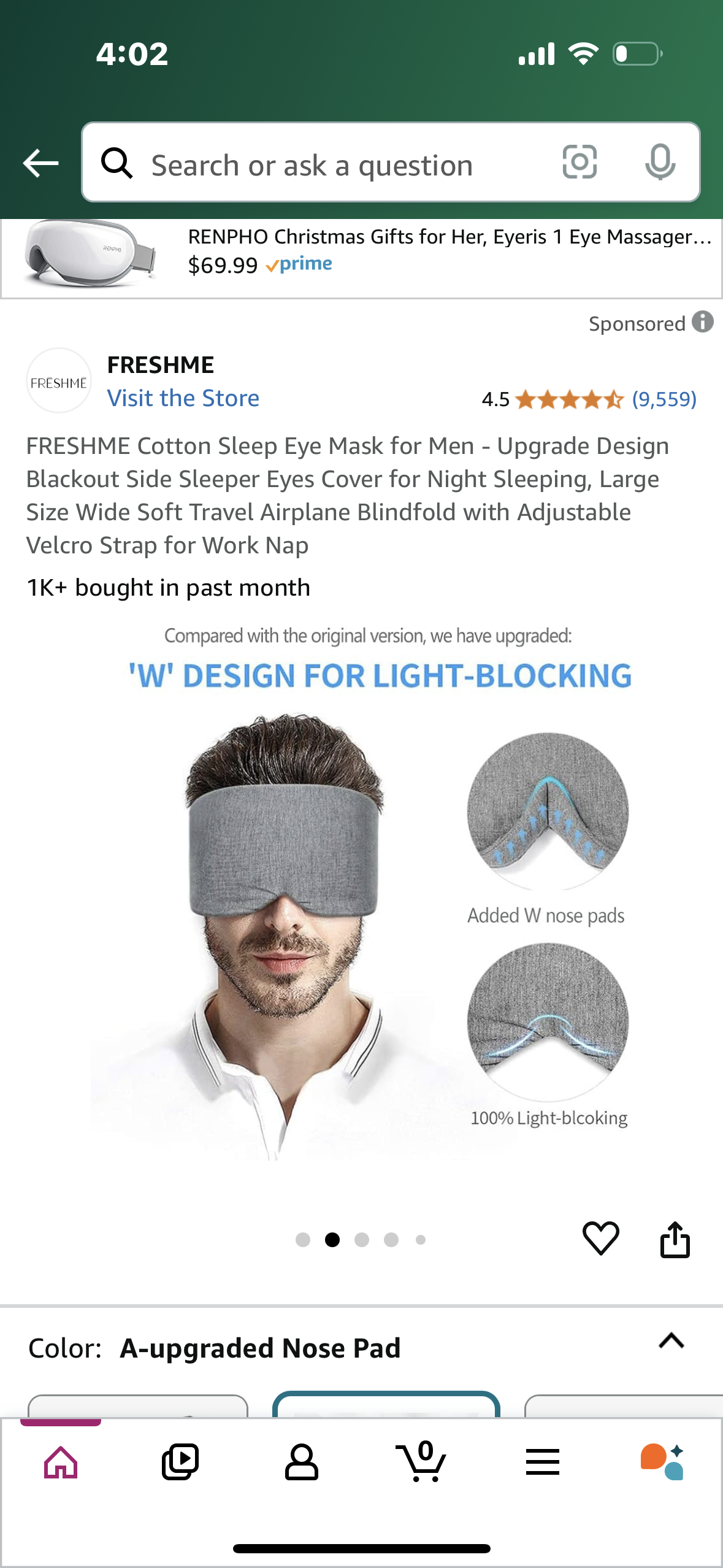 FRESHME Cotton Sleep Eye Mask for Men - Upgrade Design Blackout Side Sleeper Eyes Cover for Night Sleeping, Large Size Wide Soft Travel Airplane Blindfold with Adjustable Velcro Strap for Work Nap