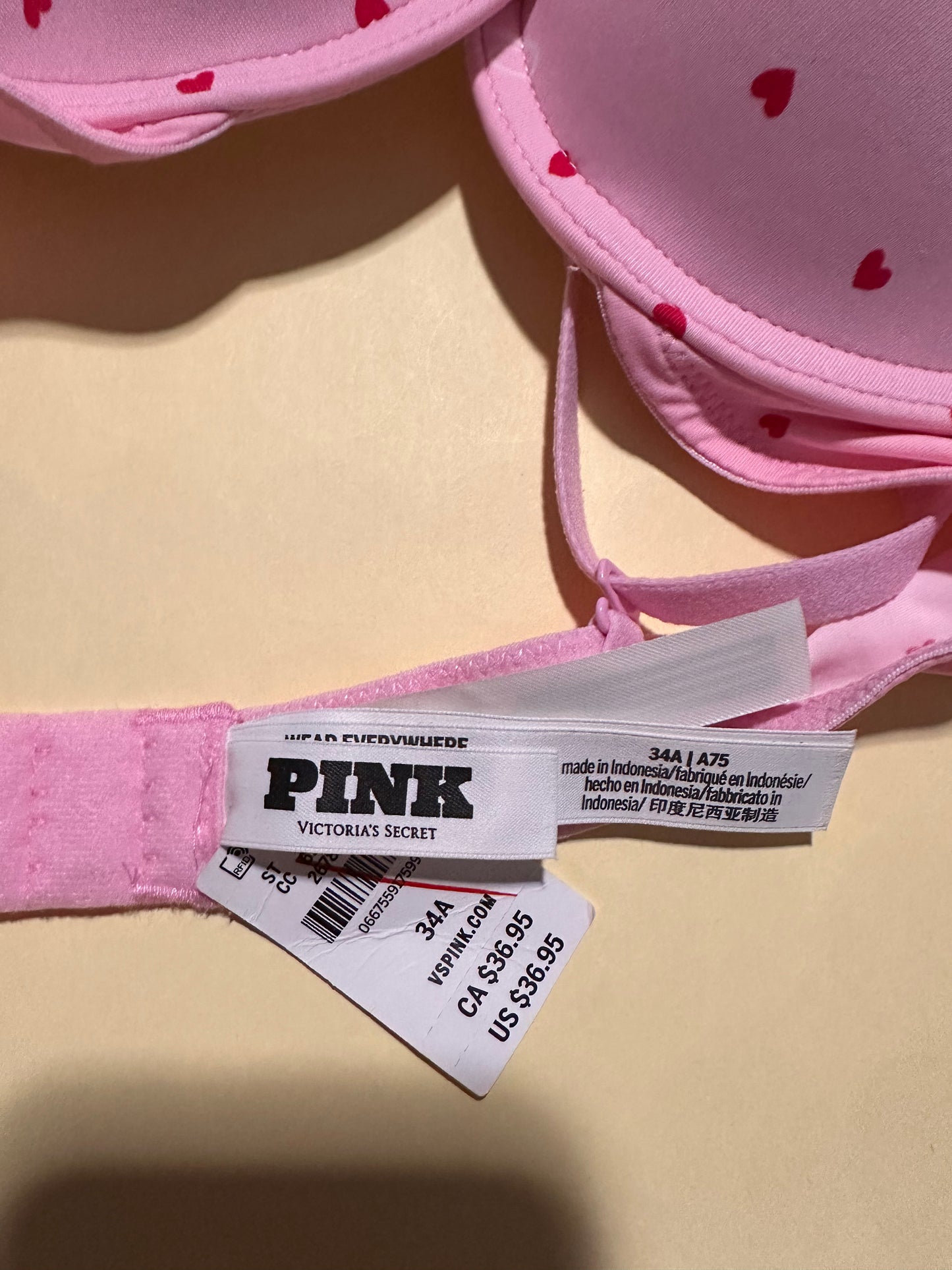 Victoria Secrets Pink Wear Everywhere Push Up Bra Sz 34A NWT Pink With Hearts