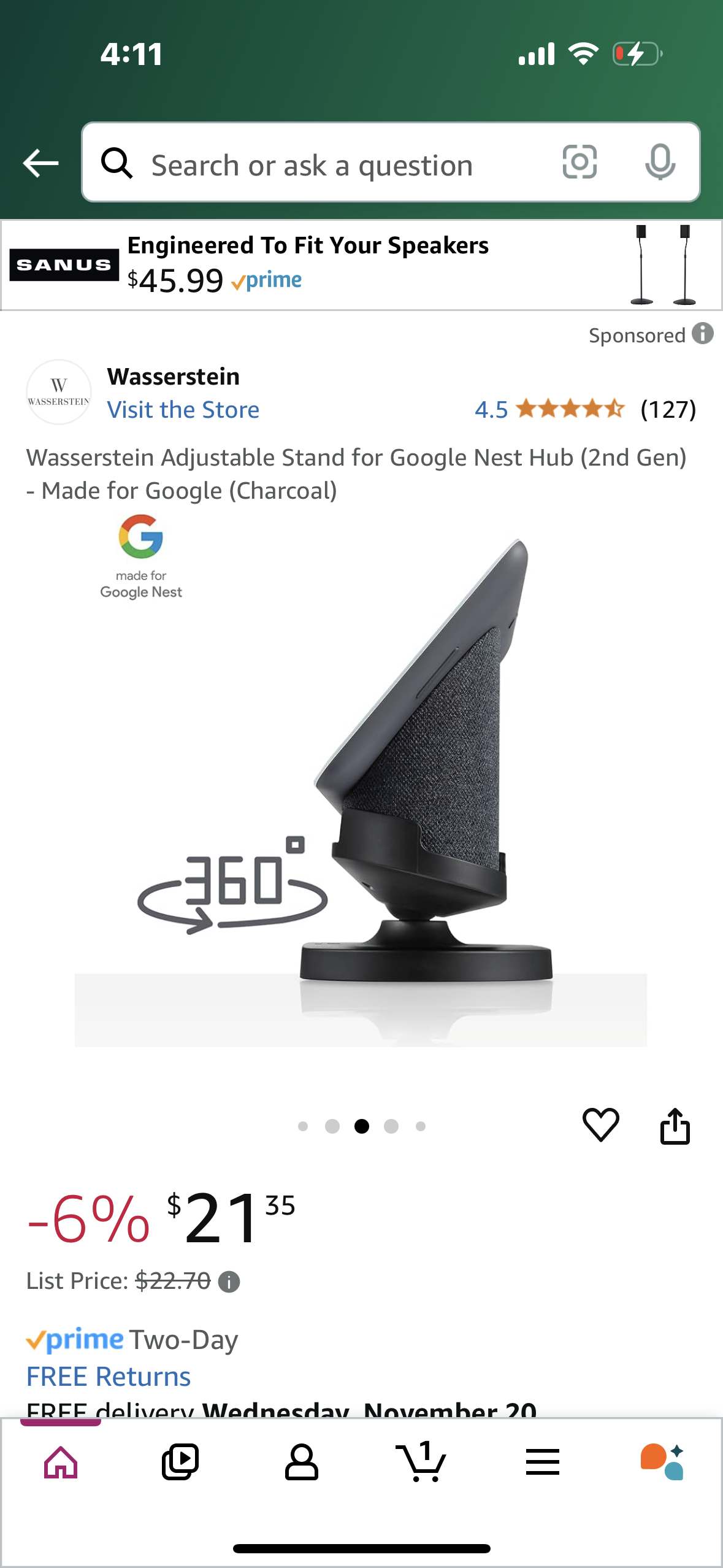 Wasserstein Adjustable Stand for Google Nest Hub (2nd Gen) - Made for Google (Charcoal